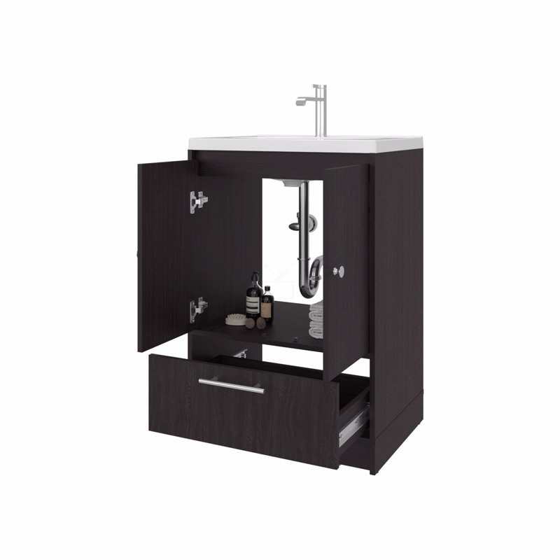 Meuble-lavabo autoportant à 2 portes avec lavabo et tiroir inférieur, Noir