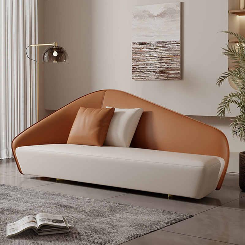 Méridienne moderne en cuir synthétique, Beige / orange, Accoudoir à gauche (vu de face)