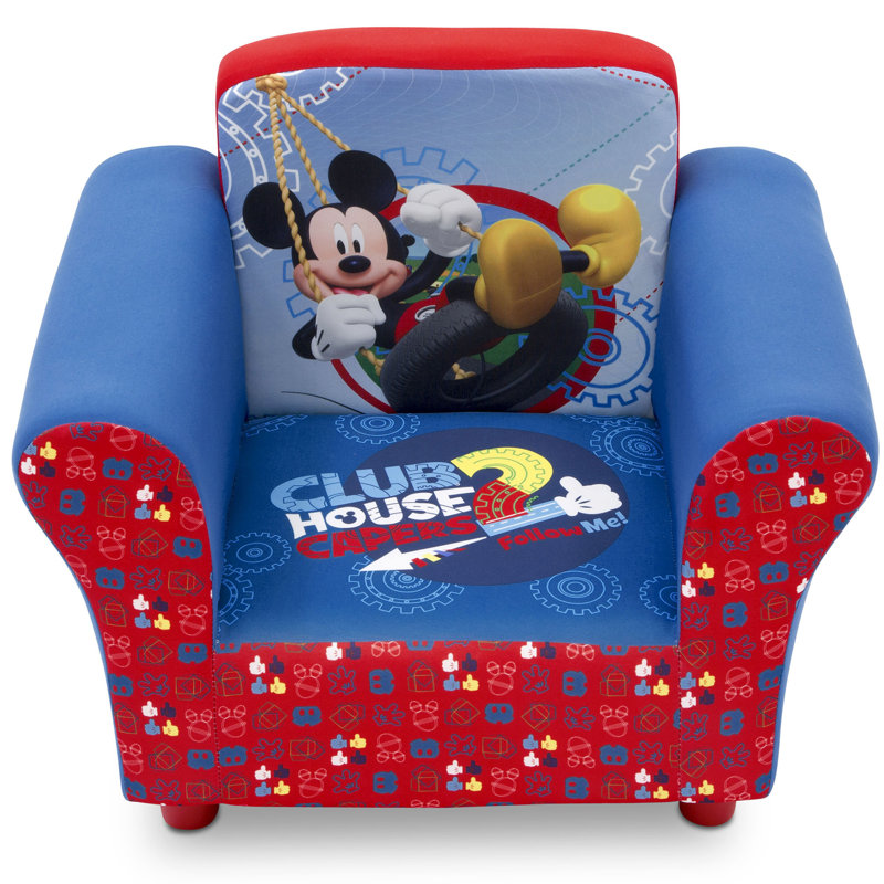 Mickey Mouse Blue and Red Velvet Kids Chair with Wood Frame