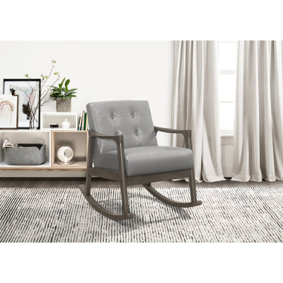 Chaise berçante en similicuir gris avec structure en bois d'hévéa massif et structure en bois exposée de 22 po de largeur