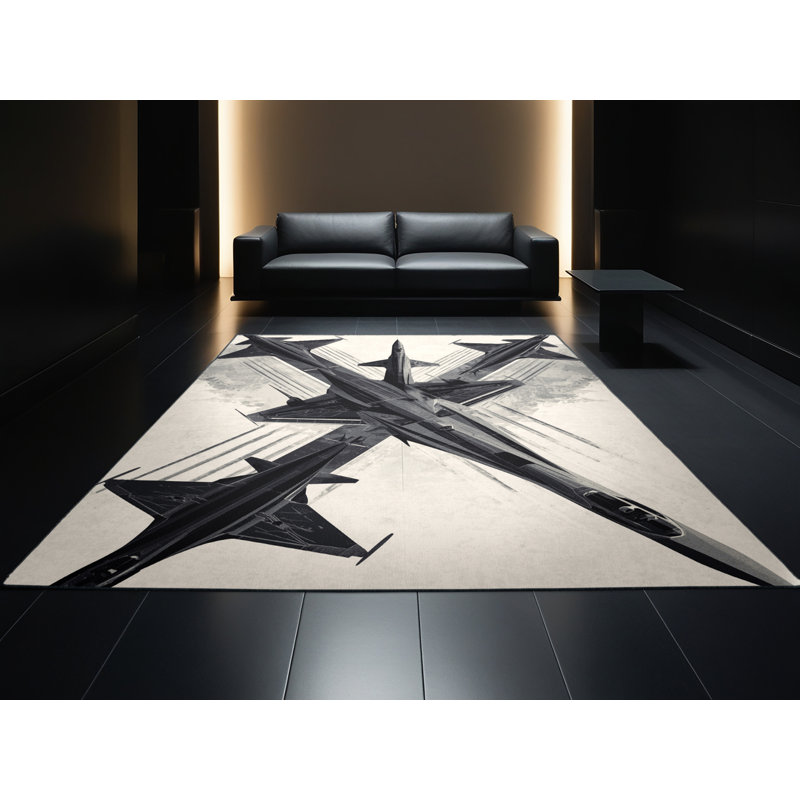 Machine Washable Vehicles And Transportation Fighter Jet Squadron Industrial Geometric Rug in Beige – Black Binding, 8x10