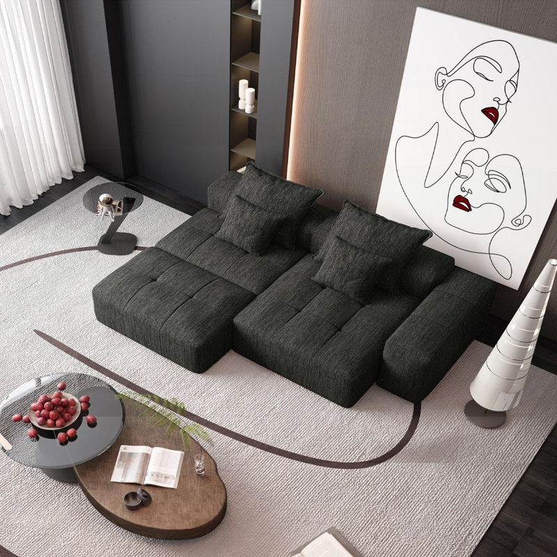 Modern Sectional Sofa, 4, Black Chenille
