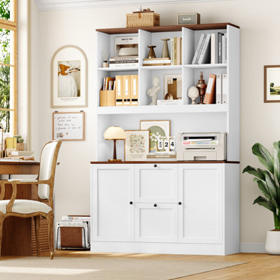  72"H Wood Storage Bookcase With File Drawers, Base Cabinet With Drawers, White