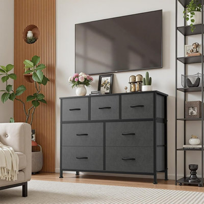 Commode 7 tiroirs en tissu - Commode de rangement grise avec plateau en bois
