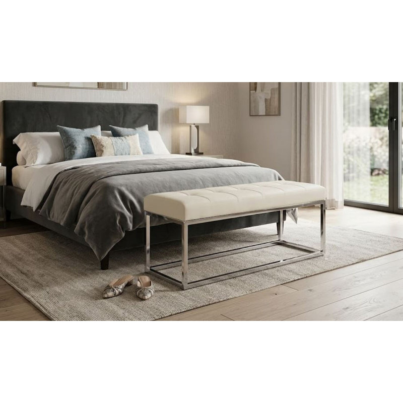 Schutte Upholstered Entryway & Bedroom Seat – Faux Leather with Stainless Steel Frame, Modern Accent Furniture, White