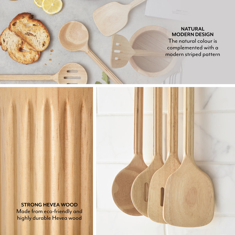 Sur La Table Set of 4 Wooden Utensils with Holder, Solid Turner/Solid Spoon/Slotted Turner/Slotted Spoon, Easy to Clean, Made from Hevea Wood with FSC Certified Materials