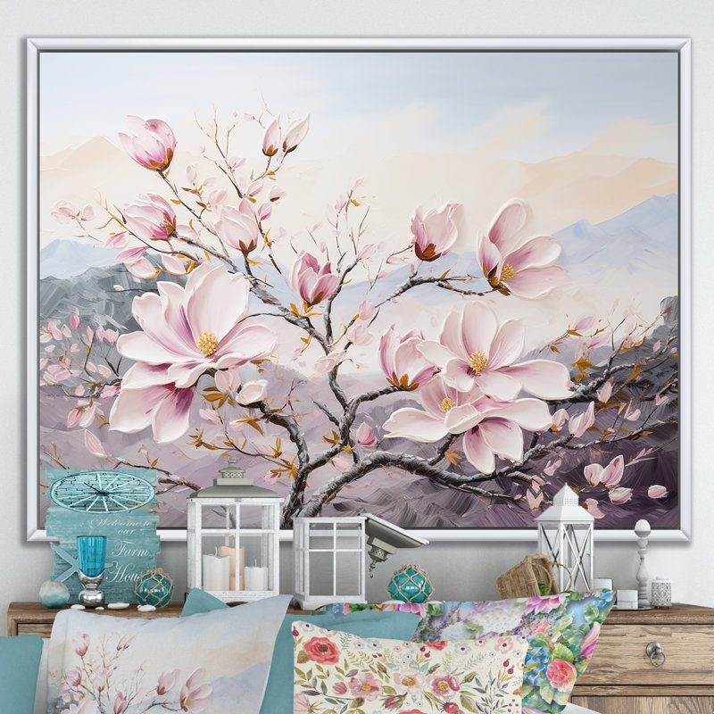 Fleurs de magnolia roses II sur toile, H 30 po x l 40 po x P 1,5 po, Cadre flottant blanc