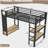 Twin XL size Loft Bed Frame with Wardrobe,Metal Loft Bed with Storage Shelves and Pegboard,Black