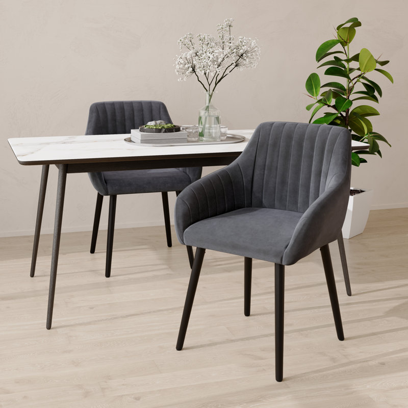 49.5cm H Upholstered Dining Chairs With Wooden Legs, Dark Grey Velvet/Black, 2