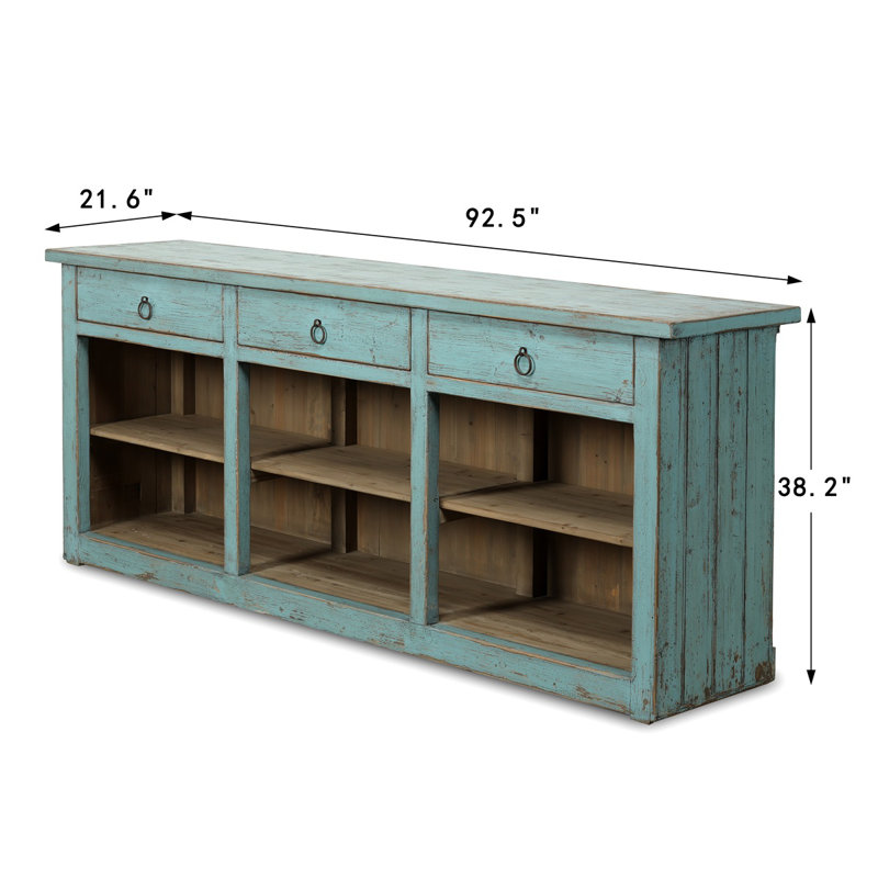 Approx. 91 Inches Wide  Counter Table with Three Drawers Distressed Blue