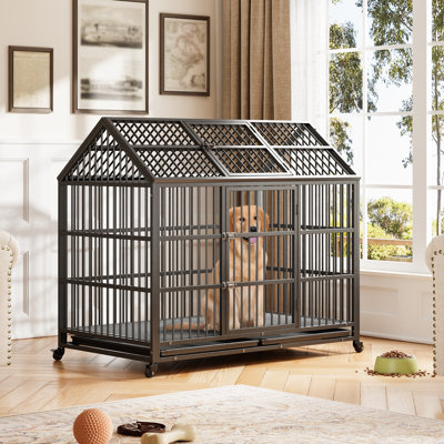 52 Inches Heavy Duty Dog Crate, Extra Large Metal Dog Kennel with Roof Top, 2 Door Pet Cage House with Removable Tray and Wheels for High Anxiety Large Giant Breeds
