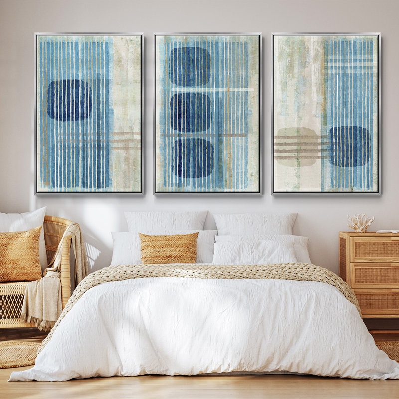 Blue Blue Horizon I, ensemble de 3 toiles encadrées, H 27 po x l 54 po, Argent