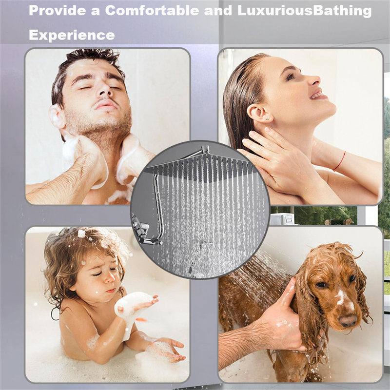 Deluxe 12-Inch Rainfall Shower Combo – Adjustable Stainless Steel Arm, 3-Way Brass Diverter & 71" Hose, Chrome