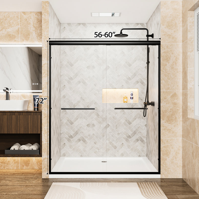 Double Sliding Shower Door 60" Wide By 72" High, 1/4" (6mm) Clear Tempered Glass, Matte Black Aluminum Frame, Dual Stainless Steel Handles, Adjustable Width Between 56" - 60", Water Proof Feature For