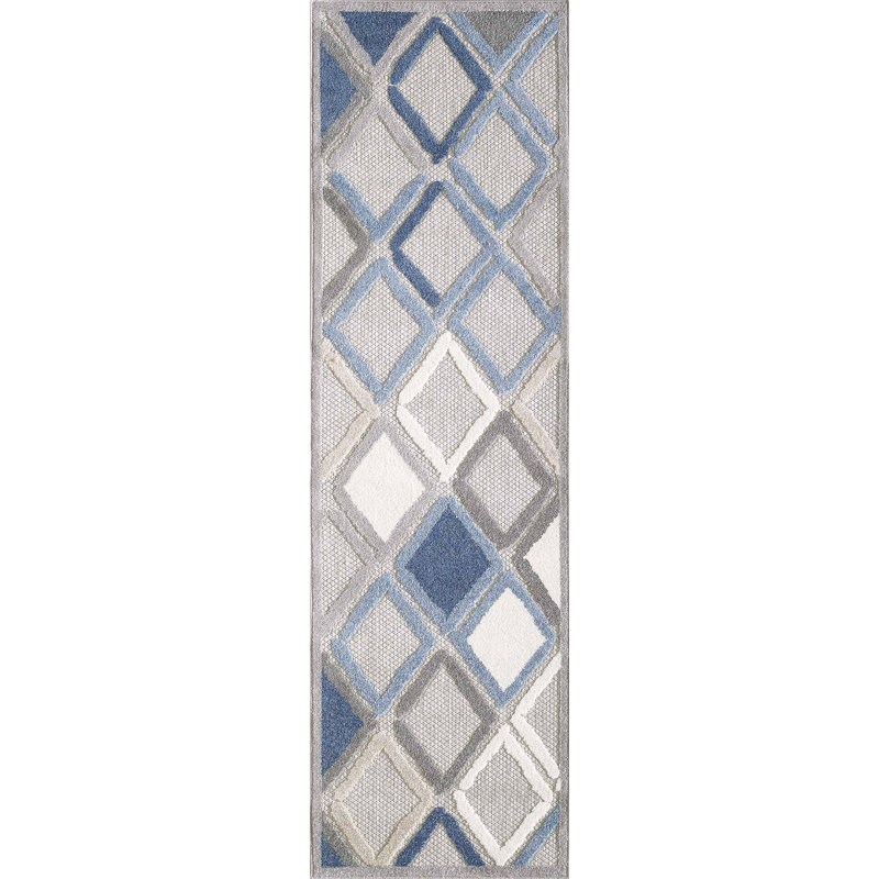 Tapis intérieur / extérieur gris / bleu marine Jaxun, Tapis de couloir 2 pi 3 po x 7 pi 6 po
