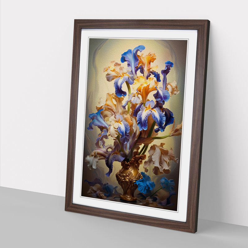 Iris Flower Baroque No.4 - Single Picture Frame Print on Wood, 34cm H x 25cm W x 2cm D, Walnut Framed
