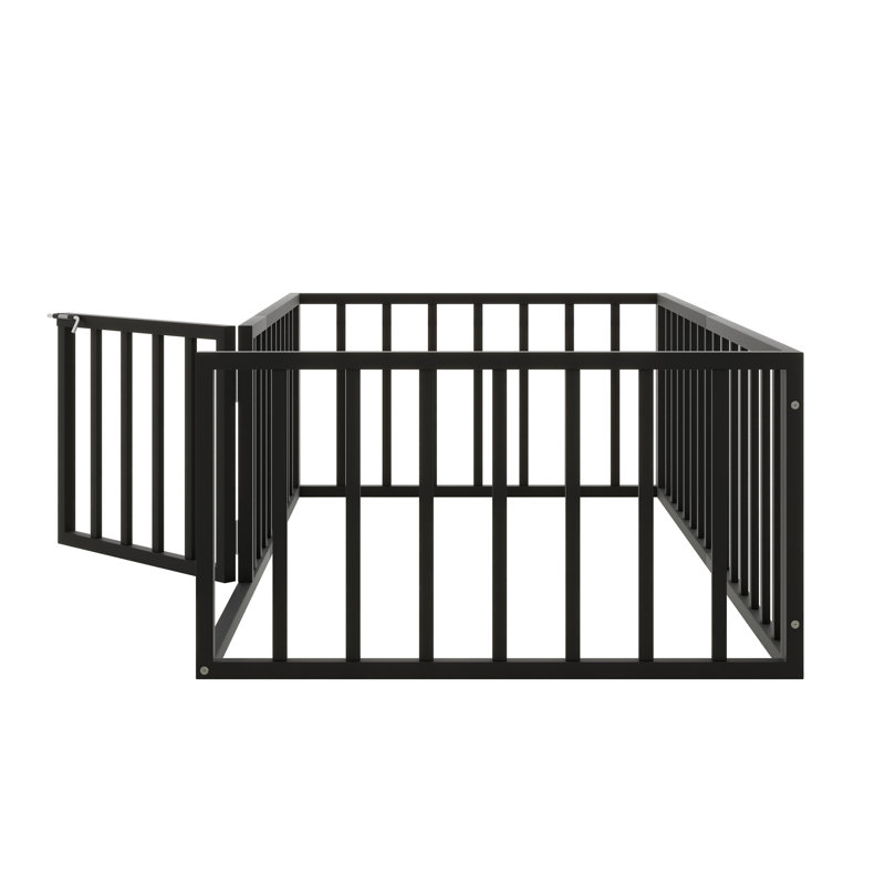 Metal Floor Bed Frame With Fence And Door, Black