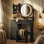 Ensemble de meuble-lavabo avec miroir lumineux et tabouret à DEL, bureau de maquillage réglable à 3 couleurs avec rangement pour chambre à coucher