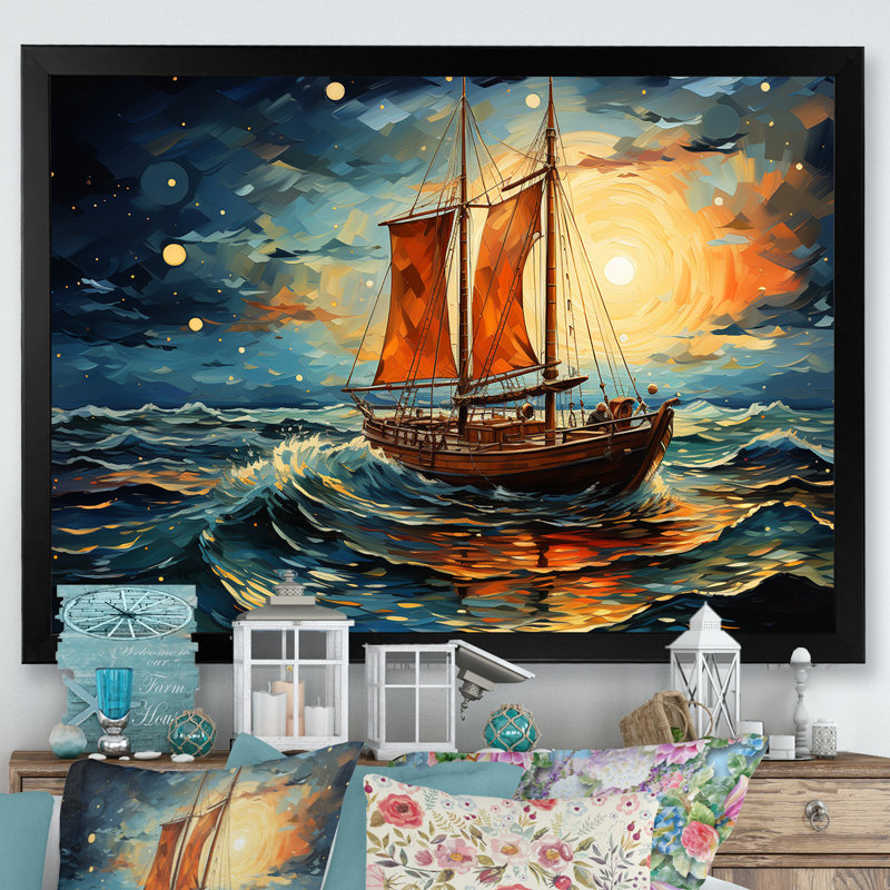Moonlight Saiboat Horizon II - Bateau, art mural, Cadre d'angle fermé noir, H 12 po x l 20 po x P 1 po