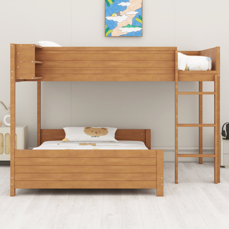 Lit superposé en bois classique avec tablette de rangement, échelle, Walnut