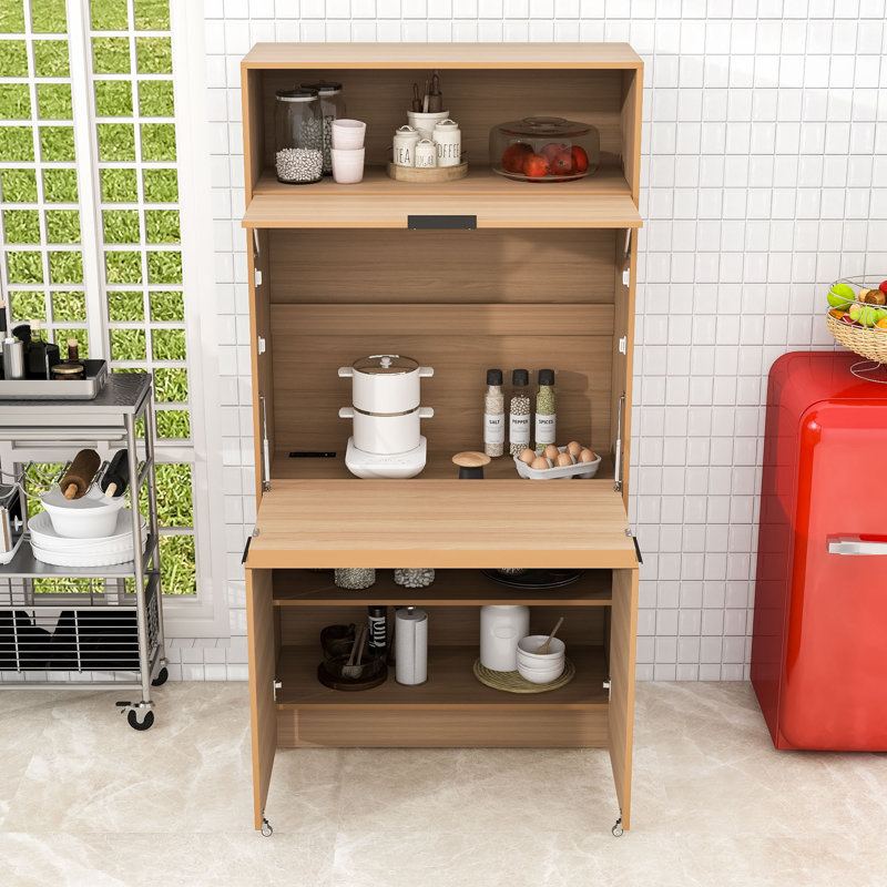 Armoire de cuisine polyvalente avec tablette réglable, poste de travail pliable et station de charge intégrée, Naturel
