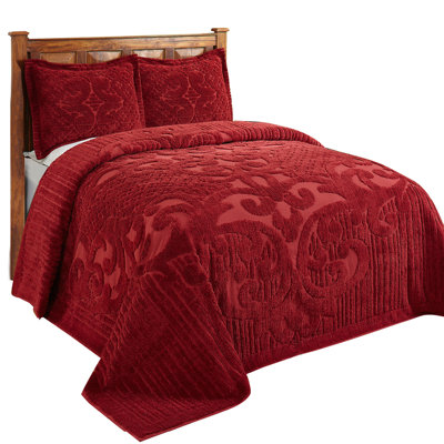 Ashton Chenille Bedspread Full/Double Size, 100% Cotton Floral Medallion Coverlet, Traditional Textured Heirloom Bedding, Soft Breathable All-Season Comfort, OEKO-TEX Certified, Machine Washable, Burgundy