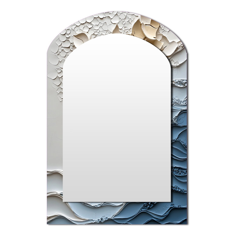 Blanc et bleu Coastal Mosaic III - miroir arqué côtier, miroir mural décoratif asymétrique blanc, 43 po x 33 po