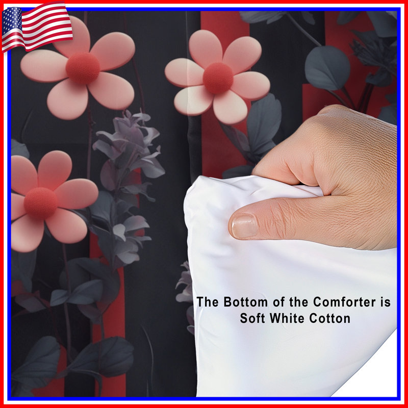 Pink Flowers Red Stripes Comforter, Queen