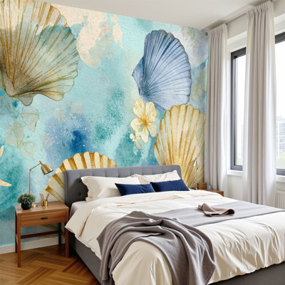 Papier peint auto-adhésif Sea Star bleu sarcelle, océan, nature, réalisme, nautiques, coquillages muraux, papier peint amovible en PVC, H 100 po x l 144 po, pour chambre à coucher, bureau à domicile, bureau à domicile