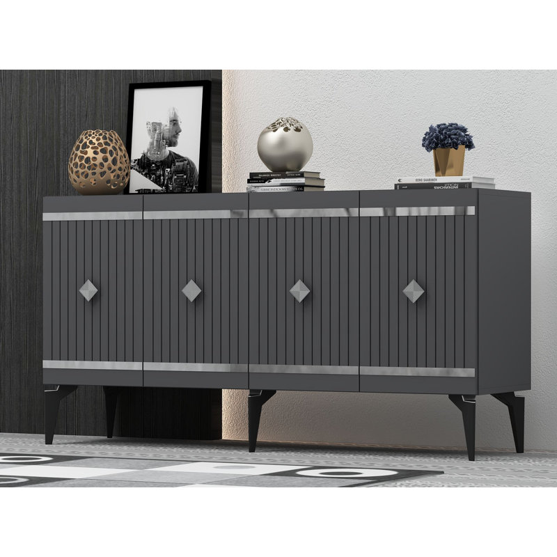 Buffet à 4 portes or / argent avec portes cannelées et garniture de panneau, Argent / anthracite