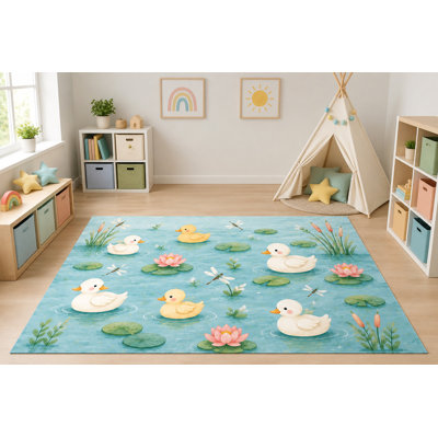 "Ultra Thin" 5' x 7' Duck and Frog Lily Pond Area Rug for Kids Room, Bedroom, Living Room and Home Office, Soft Low Pile Carpet with Non-Slip Silicone Backing