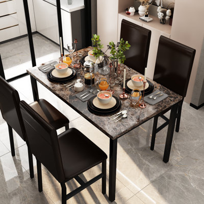 Dining Table Set For 4, 5-Piece Kitchen Table And Chairs, Rectangular Dining Table Set With Four Black Chairs And Marble Top, Dining Table Set With Ba by Winston Porter