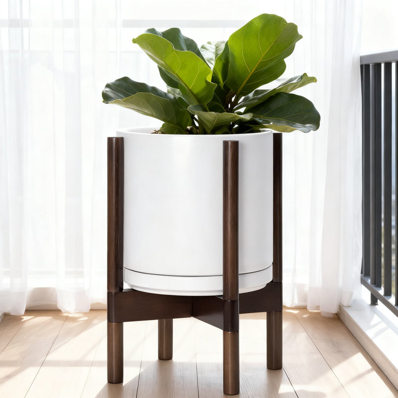 Pot à fleurs moderne en céramique avec support en bois - Pot à fleurs rond de 10 pouces avec trou de drainage et soucoupe pour plantes d'intérieur, décoration Mid-Century