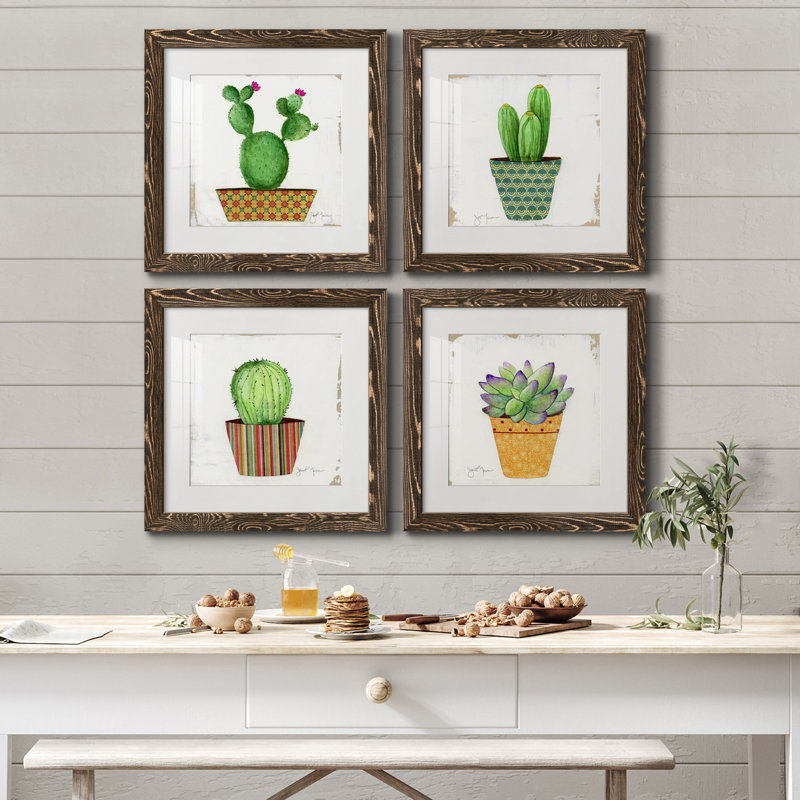 Boho Cacti I - Ensemble de 4 reproductions de cadres photo sur toile, H 35,5 po x l 71 po x P 1,5 po, Noyer, Blanc