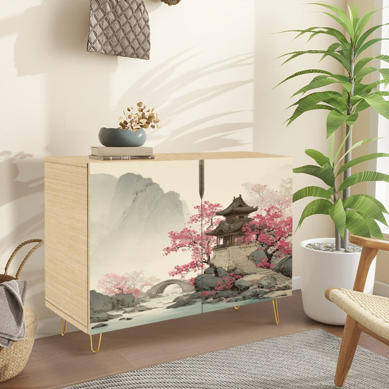 Buffet Buffet avec rangement Oriental Mountain Landscape Pagodas Cherry Blossoms Bridge Waterfall avec 2 portes pour le salon et la cuisine