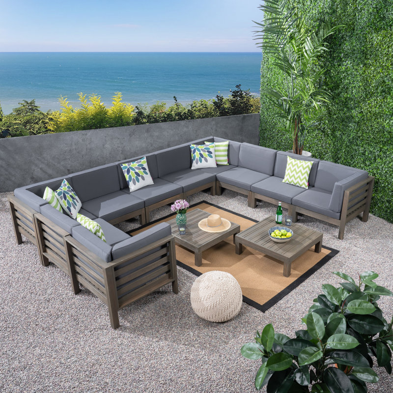 Ajanai Acacia 8 - Person Modular Patio Conversation Set with Cushions, Gray Frame/Dark Gray Cushion