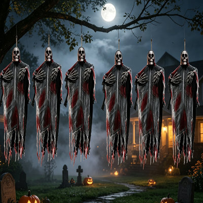 Ensemble de 6 décorations de Faucheuse à suspendre pour l'Halloween, squelettes ensanglantés de 89 cm, ornements fantomatiques effrayants et déchirés pour sapin, porte, maison hantée, décoration d'Halloween intérieure et extérieure couverte