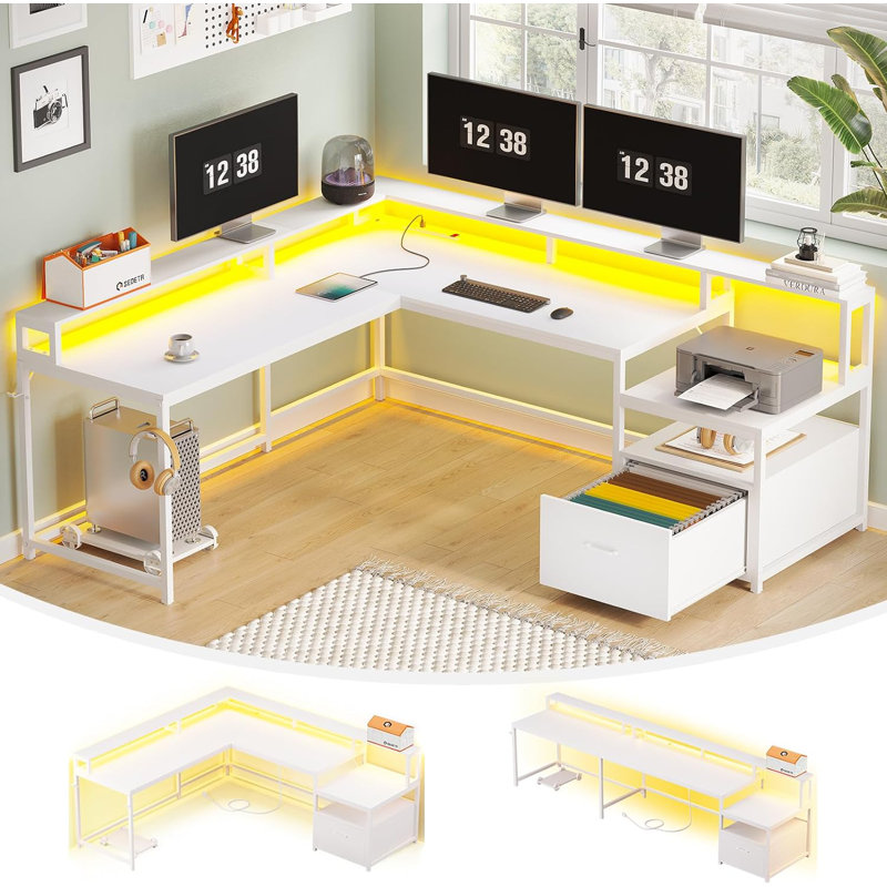 L-Shaped Computer Desk with Power Outlet, White