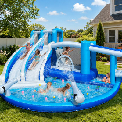Jeu gonflable de 13,8 pi avec deux glissades d'eau, pataugeoire, fosse à balles et ventilateur inclus, bleu