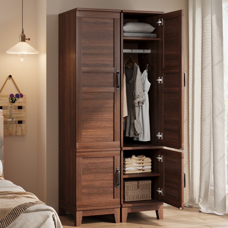 Garde-robe étroite en bois de 72 po de haut avec 2 portes, tringle et 18 tablettes de rangement réglables, armoire de rangement blanche rustique pour le rangement des vêtements de chambre