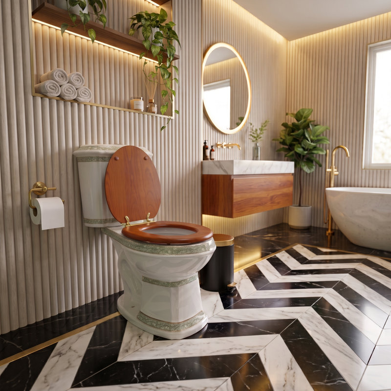 Light Mahogany Finish Wooden Round Toilet Seat with Brass PVD Hinges and Stabilizers, Stained Brass