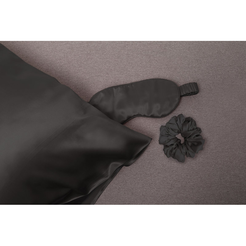 Ensemble 6 pièces de taies d'oreiller et accessoires de literie en satin de soie soyeux, Noir