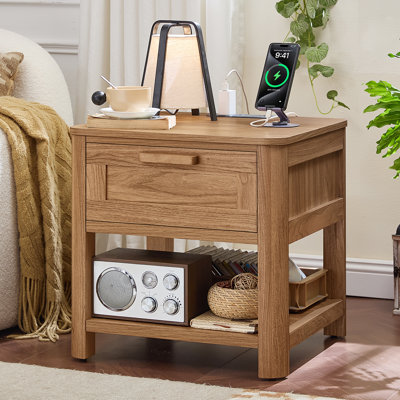 Farmhouse End Table With Charging Station,19.7" Nightstand With Drawer,Night Stand With Open Storage Shelf,Rustic Wood Bed Sofa Side Table Dresser For Bedroom, Living Room, Closet