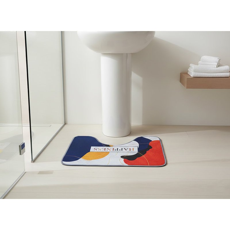 "Happiness" Typography 2-Piece Bathroom Rug Set: Bold Abstract Color-Block Non-Slip Bath Mat & Rug