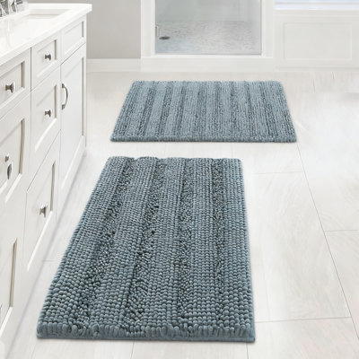 Bathroom Rug Set, Extra Thick Chenille Striped Shaggy Bath Mat, Non-Skid, Set Of 2,32 X 20 And 24 X 17,(Cool Blue)