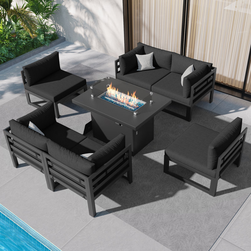 Gillet 7 Piece Patio Outdoor Aluminum Furniture Set with Gas/Propane Fire Pit Table, 29'' Extra Large Luxury Sectional Conversation Set