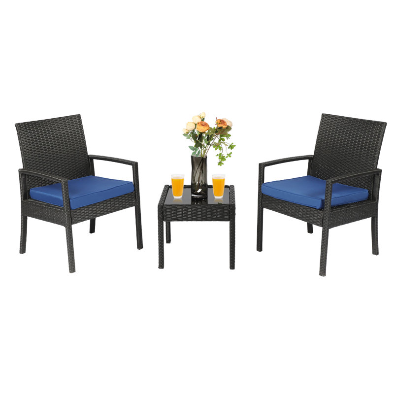 Ensemble de conversation en rotin 3 pièces avec coussins Antanique, Bleu