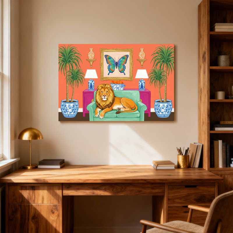 Animaux, lion sur canapé avec art papillon, 28" H x 40" W