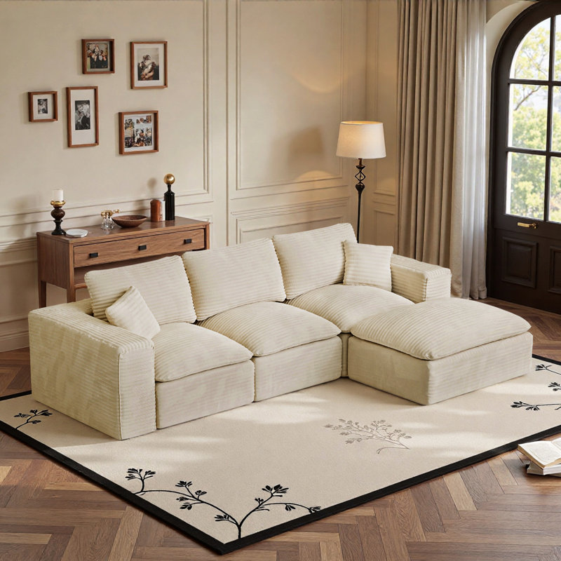 104 Inch Large Sectional Sofa, Modular L Shape Couch With Ottoman, No Assembly Required, Frameless Floor Sofa, Soft Microfiber Fabric, Modern Furniture For Big Living Room, Includes 3 Pillows, Beige