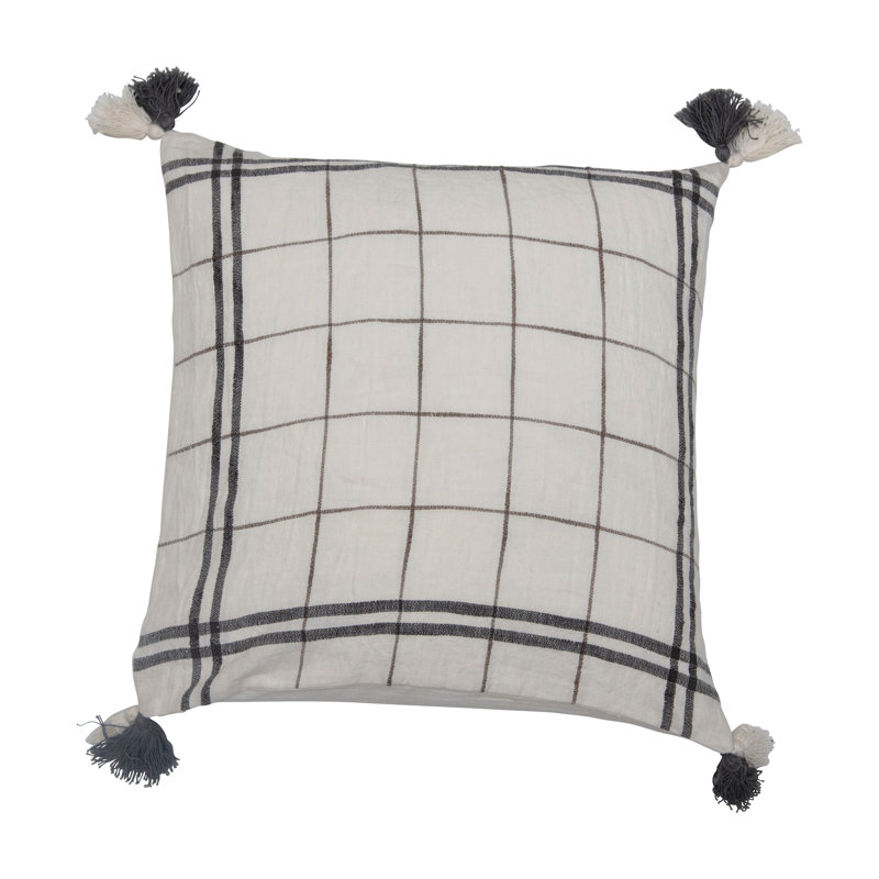 20" White and Black Linen Blend Pillow with Tassels
